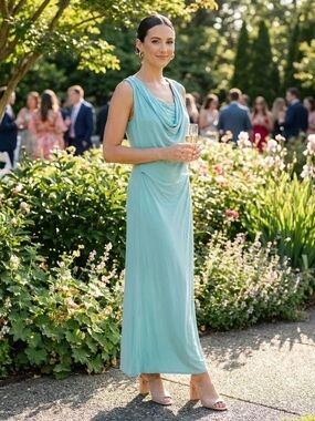 ONNO Aqua Blue Draped Cowl Neck Maxi Dress Size Small